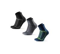 DANISH ENDURANCE Performance Running Socks for Long Distances, Cushioned Quarter Length, unisex, 3 or 5 Pack, Multicolour (1 x Black/Grey, 1 x Grey/Black, 1 x Blue/Yellow), 9-12
