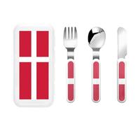 Danish flag Patterned portable children's tableware 3-piece set | Reusable knife, fork and spoon set
