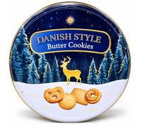 Danish Style Butter Cookies in Decorative Christmas Reindeer Biscuit Tin | Festive navy blue tin with golden reindeer and winter woodland design, ideal for Christmas gifting, tea time and sharing
