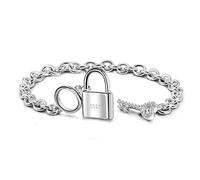 Dankadi Charm Women 925 Sterling Silver Key Lock Pendant Bracelet Fashion Solid Silver Rolo Chain Bangle Fine Jewelry Gift For Wife & Girlfriend, 8 inche, Sterling Silver Silver, no gemstone