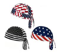 DANLCUPL 3 Pcs DOO Rags Dew Rag Skull Cap Pirate Hat Cooling Head Wrap Bandana Helmet Liner for Men Cycling Motorcycle, American Flag Red Black, S-L