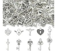 DanLingJewelry 100Pcs 10 Styles Tibetan Antique Silver Heart Lock and Key Charms Vintage Skeleton Key Pendants for DIY Jewellery Making Crafts