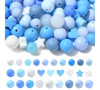 DanLingJewelry 100Pcs Blue Series Silicone Focal Beads Blue Round Heart Star Loose Rubber Silicone Beads Bulk for DIY Beaded Jewellery Making