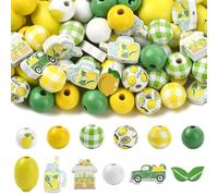 DanLingJewelry 100Pcs Yellow Green Lemon Theme Printed Wood Beads Summer Fruit Natural Wooden Beads for DIY Garlands Jewellery Necklace Bracelets