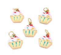 DanLingJewelry 10Pcs Golden Color Brass Cupcake Charms Enamel Strawberry Cake Pendants Mini Sweet Food Charms for DIY Jewelry Making