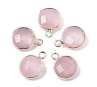 DanLingJewelry 10Pcs Natural Pink Rose Quartz Bead Charms Flat Round Faceted Gemstone Charms for DIY Crafts Jewellery Making