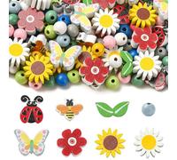 DanLingJewelry 135Pcs Wood Natural Spring Theme Spacer Beads Wooden Bee Ladybug Insect Flower Beads for DIY Beading Jewellery Making Crafts