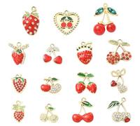 DanLingJewelry 28Pcs Mixed Enamel Cherry & Strawberry Charms Crystal Rhinestone Flat Fruit Pendants for Jewellery Making Crafting