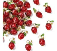 DanLingJewelry 30Pcs Red Strawberry Glass Charms with Acrylic Flower Leaf Cute Fruit Lampwork Pendants for DIY Necklaces Earrings Bracelets