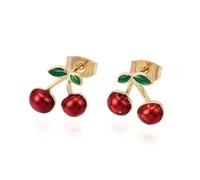 DanLingJewelry 5 Pair Brass Enamel Red Cherry Earrings Cute 3D Fruit Cherries Stud Earrings for Wedding Party Birthday Jewelry Gifts