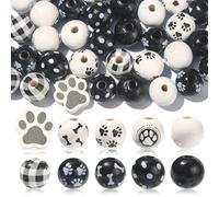 DanLingJewelry 50Pcs 10 Styles Black and White Dog Theme Wood Beads Cute Pet Paw Beads Bulk for DIY Jewellery Making, 50pcs - dog - 10 styles