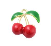 DanLingJewelry 50Pcs Cute Enamel Red Cherry Charms with Green Leaf 3D Fruit Cherry Brass Enamel Pendants for Jewelry Making Keychain Decor