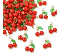 DanLingJewelry 50Pcs Red Cherry Pendants with Green Leaf Handmade Beaded Cherry Acrylic 3D Fruit Charms for Jewellery Making Accessories