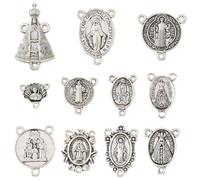DanLingJewelry 55Pcs Mixed Styles Tibetan Alloy Virgin Mary Connectors Antique Silver Religion 3-Loop Rosary Center Links Catholic Charms for Jewellery Making DIY Crafts