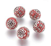 DanLingJewelry 5Pcs Red Handmade Polymer Clay Indonesia Beads 20mm Round Bubblegum Beads Vintage Flower Beads for Jewellery Making Bracelets