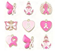DanLingJewelry 70Pcs Enamel Breast Cancer Charms Pink Ribbon Butterfly Heart Cancer Awareness Pendants for Jewelry Making DIY Crafting