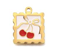 DanLingJewelry 7Pcs Red Cherry Enamel Charms Stainless Steel Square with Fruit Pendants for DIY Jewellery Necklace Bracelet Earring Craft Making