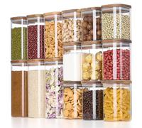 Danmu Art 15-Pack Borosilicate Glass Square Jars Set with Acacia Wood Lids - 10.8L Total Capacity, Airtight Press-Top Lids, Space-Saving for Pantry Storage, Flour, Sugar, Pasta, Tea, Coffee, Herbs