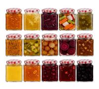 Danmu Art 24Pack Glass Jam Jars with Red Gingham Lid-Airtight 280ml/9.5oz Jars with Lid for Homemade Jam,Marmalade, Preserves, Chutneys, Pickle,Ketchups,and Kimchi Honey, Coffee & Bulk Foods(Empty)