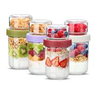 Danmu Art Glass Overnight Oats Jars with Lids, 480+150ml 4 Pack Dual-Layer Meal Prep Containers, Dry-Wet Separation Breakfast Pots for Yoghurt Parfait Chia Pudding Cereal, Mason Jar for Snacks Lunch