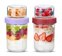 Danmu Art Glass Overnight Oats Jars with Lids - Dual-Layer Breakfast Pots for Yoghurt Parfait Chia Pudding Granola, Meal Prep Containers with Separate Toppings, Mason Jar for Healthy Lunch (2-Color D)