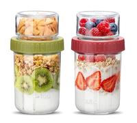 Danmu Art Glass Overnight Oats Jars with Lids - Dual-Layer Breakfast Pots for Yoghurt Parfait Chia Pudding Granola, Meal Prep Containers with Separate Toppings, Mason Jar for Healthy Lunch (2-Color A)