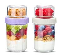 Danmu Art Glass Overnight Oats Jars with Lids - Dual-Layer Breakfast Pots for Yoghurt Parfait Chia Pudding Granola, Meal Prep Containers with Separate Toppings, Mason Jar for Healthy Lunch (2-Color B)