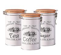 Danmu Art Tea Coffee Sugar Canisters Set of 3-1L Airtight Kitchen Storage Jars with Spring Lock Lid & Rubber Seal, White Classic Finish,Wide Round Opening, Food-Grade Tinplate for Kitchen Organisation