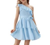 Danna Belle Girls Dress Tween One Shoulder Ruffle Tiered Layer Summer Party Dress Clothes Gifts Size 5-14, Light Blue, 6-7 Years
