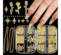 DANNEASY 2 Boxes Gold Metal Nail Art Charms Studs - 3D Mixed Styles Roses Flowers, Chains, Caviar Beads, Star Jewels for DIY Crafts Salon Decorations Nail Supplies