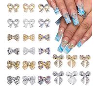 DANNEASY 24pcs 3D Bow Nail Rhinestones Charms Gold and Silver Bowknot Charms for Nails Bling Nail Bows Nail Gems Crystal Alloy Nail Studs Jewelry Nail Decoration for Nails Crafts Nail Supplies