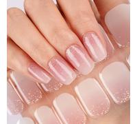 DANNI & TONI 28Pcs Ombre Semi Cured Gel Nail Wraps, Pink Translucent Golden Fine Glitter Soft Self-Adhesive Nail Stickers,UV/LED Lamp Required Salon-Quality Gel Nail Polish Strips(Pale Glint)