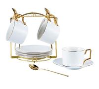 DANNMPX Tea Set Tea Cup Set Cups And Saucers With Metal Holder Gold Trim Simple Ceramic Coffee For Home Teapot And Cups(White,13 Pieces)