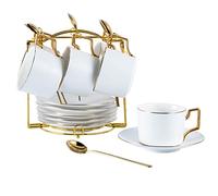 DANNMPX Tea Set Tea Cup Set Cups And Saucers With Metal Holder Gold Trim Simple Ceramic Coffee For Home Teapot And Cups(White,19 Pieces)