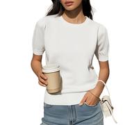 Danny D Women's Puff Short Sleeve Sweater Spring Summer Tops Crew Neck Casual T Shirts Blouses, White, L
