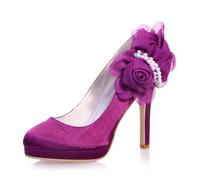 DANOBAB Bridal Wedding Shoes Women's Silk Like Satin Chunky Heel Pumps with Stitching Slip On Lace Flower Crystal Pearl,Purple,8.5