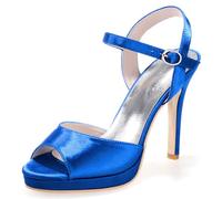 DANOBAB Women Open Toe Wedding Buckle High Heels Round Toe Sandals Dress Ivory Bridal Shoes Mid Heels Kitten Heels/4.33 inches Heel,royal blue,6