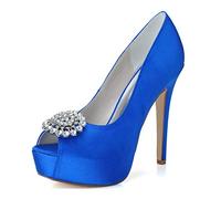 DANOBAB Women's High Heels Kitten Heel Satin Dress Shoes Bridal Open Toe Slip On Sexy Rhinestones Pumps Heeled Sandals Wedding Party,royal blue,6