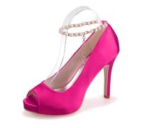 DANOBAB Womens High Heels Peep Toe Court Shoes Block Ankle Strap Pearl Ladies Sandals for Wedding,rose red,3.5