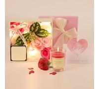 Danolt Artificial Soap Flower Gift Box with Rose Scented Candle, LED Strings and Card, for Mom Teacher Friend Colleague