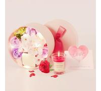 Danolt Artificial Soap Flower Gift Box with Rose Scented Candle, LED Strings and Card, for Mom Teacher Friend Colleague