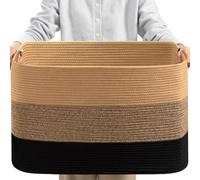 danpinera Large Blanket Basket for Living Room,72 L Rectangle Toy Storage Basket for Nursery Room, Woven Rope Storage Box with Leather Handle, 22’’*17’’*11.8’’, Gradient Linen