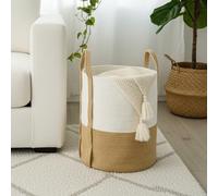 danpinera Laundry Hamper - 62L Large Cotton Woven Rope Washing Basket with Handles, Soft Foldable Storage for Clothes, Blankets or Toys, Stylish Organizer for Living Room or Bedroom White+Honey