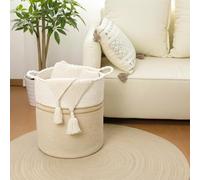 danpinera Laundry Hamper - 62L Large Cotton Woven Rope Washing Basket with Handles, Soft Foldable Storage for Clothes, Blankets or Toys, Stylish Organizer for Living Room or Bedroom White+Light Brown