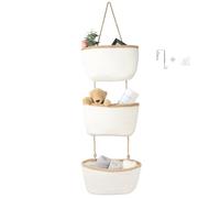 danpinera Over Door Hanging Organiser with 3 Woven Baskets, Rope Wall Hanging Basket for Bathroom, Bedroom, Nursery, Small Space Door Organizer, No Drilling Cabinet Alternative for Toys, white+Jute