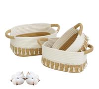 danpinera Storage Basket Set of 3 with Handles, Cotton Rope Woven Organiser Baskets for Nursery, Bathroom, Bedroom, Shelves & Home Decor, Rectangular Storage Solution with Tassels White+Jute