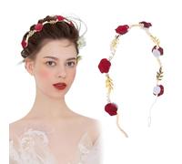 DANRENPANG Vintage Red White Velvet Rose Flower Hair Hoops for Women Girls Elegant Sweet Metal Pearl Leaf Bezel Hair Band Hair Accessories (red, 14CM)