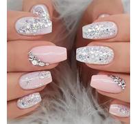 Danshinbow 24pcs French Medium Crystal Flower Fake Nails Nude Flash Powder False Nails Rhinestone Press on Nails for Women and Girls (Pink1)