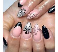 Danshinbow 24PCS Halloween Press on Nails Almond Fake Nails Black Pink Pumpkin Ghost Spider Web Design Cute Cosplay False Nails Glossy And Full Cover Acrylic Nails for Women (Pink B, One size)
