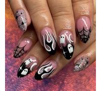 Danshinbow 24PCS Halloween Press on Nails Almond Fake Nails Black Pink Pumpkin Ghost Spider Web Design Cute Cosplay False Nails Glossy And Full Cover Acrylic Nails for Women (Pink C, One size)